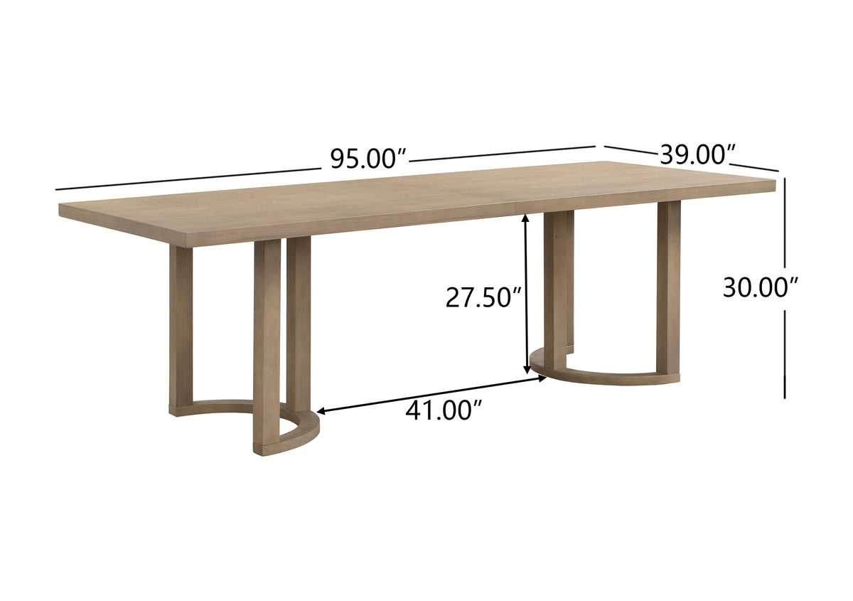 Orvieto dimensions: 95 in long, 39 in wide, 30 in high, 27.5 in under the top, 41 in between the bases