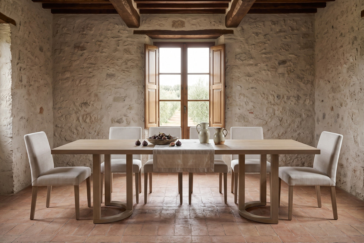Orvieto dining table in a limewashed Umbrian farmhouse with olive groves outside