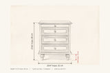 Osimo nightstand dimensions: 20.47 in wide, 23.62 in high, 15.75 in deep, legs 3.94 in; one pull-out tray and three drawers