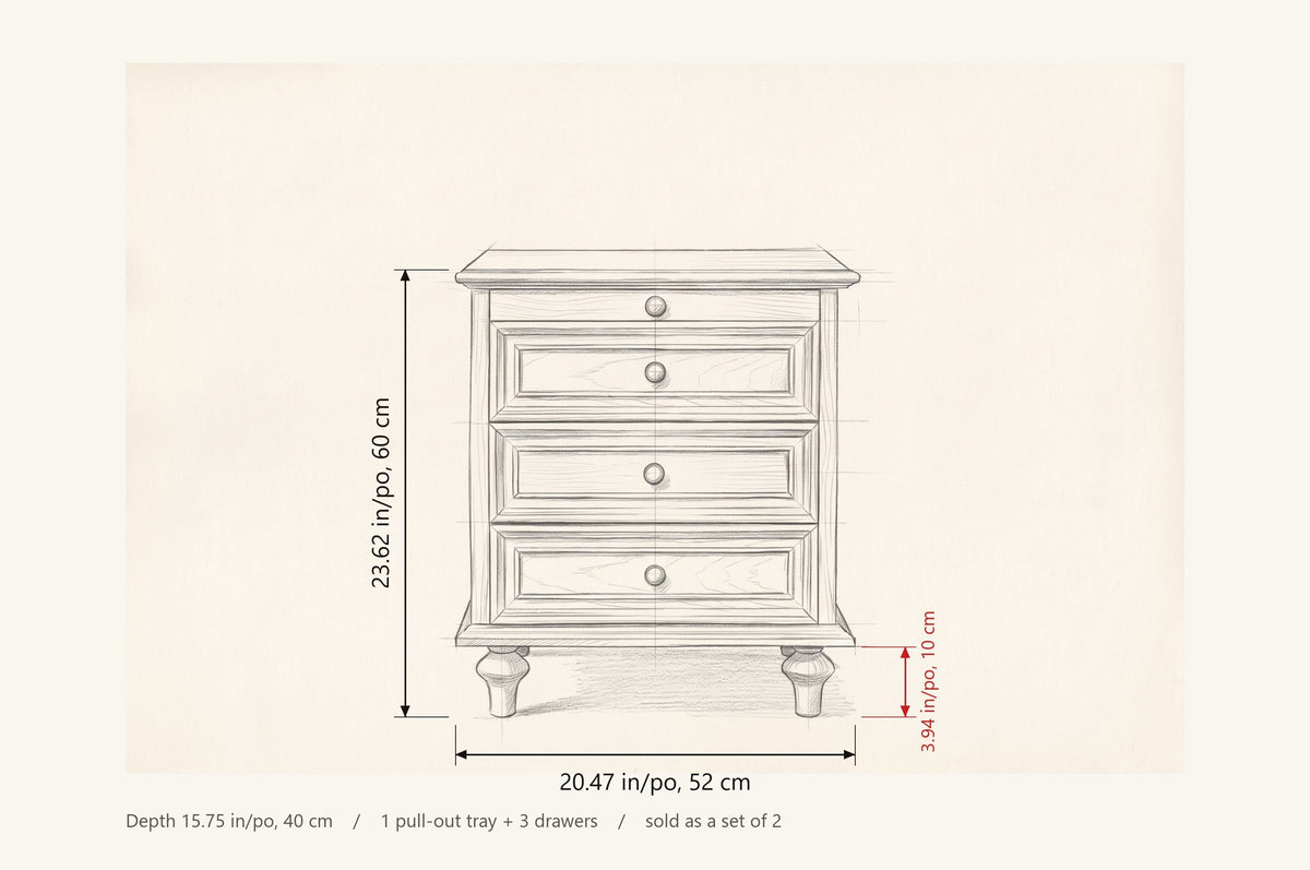 Osimo nightstand dimensions: 20.47 in wide, 23.62 in high, 15.75 in deep, legs 3.94 in; one pull-out tray and three drawers