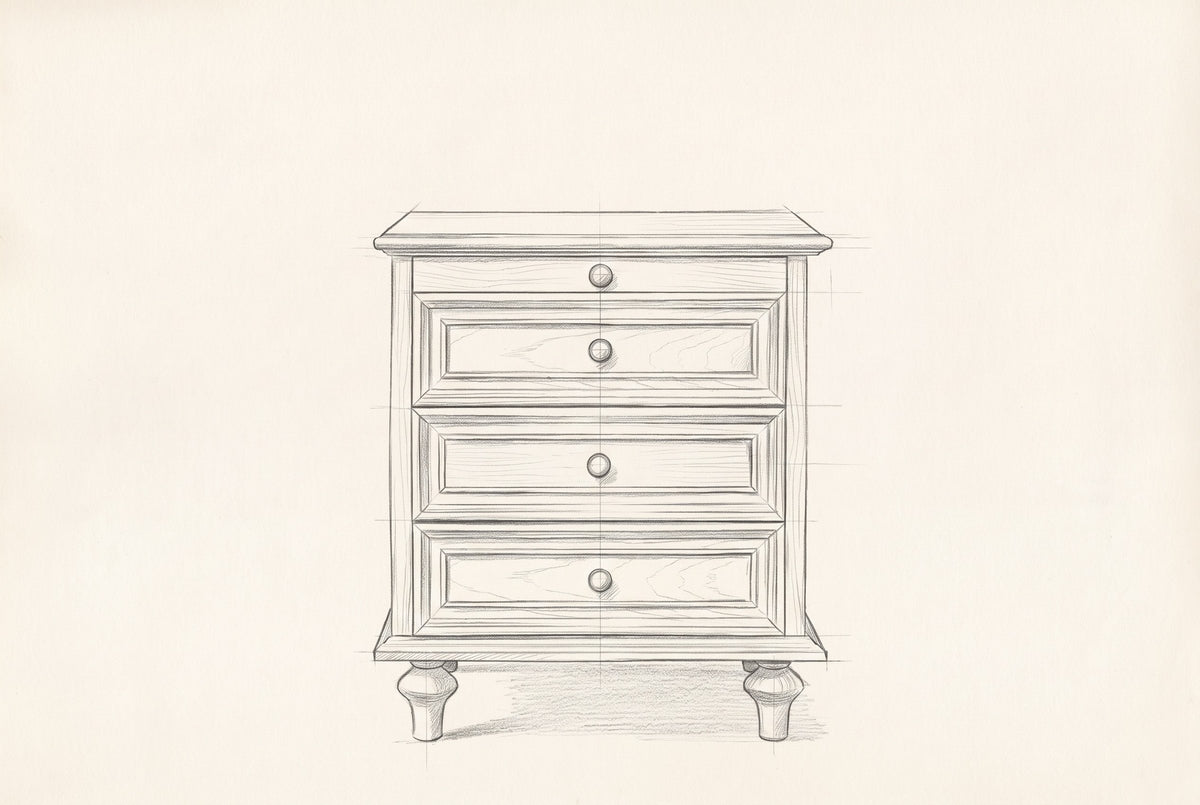 Pencil drawing of the Osimo nightstand traced from the front view