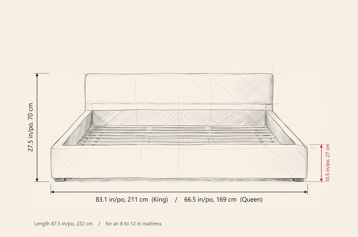 Otranto bed dimensions: King 83.1 in wide, Queen 66.5 in wide, 27.5 in high, rim 10.5 in high, 87.5 in long