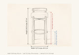 Otricoli dimensions: 16.75 in wide, 34.25 in high, seat height 30.60 in, footring 12 in, 16 in deep