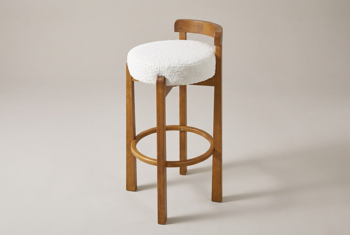 Otricoli bar stool in White boucle-look fabric, three-quarter view on a warm grey studio backdrop