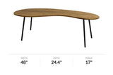 Ottilie mango wood coffee table with length, depth and height dimensions marked in inches