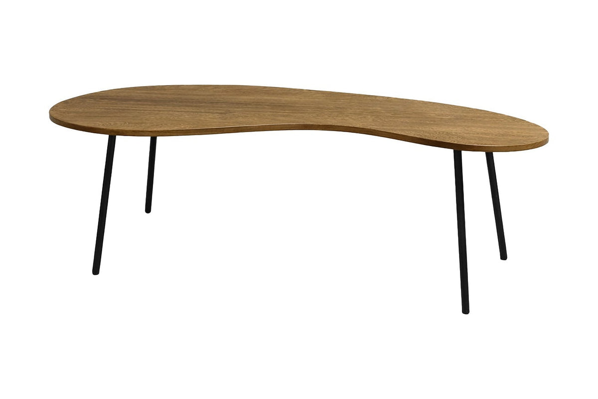 Ottilie honey mango wood coffee table, front angle showing the curved top and splayed legs