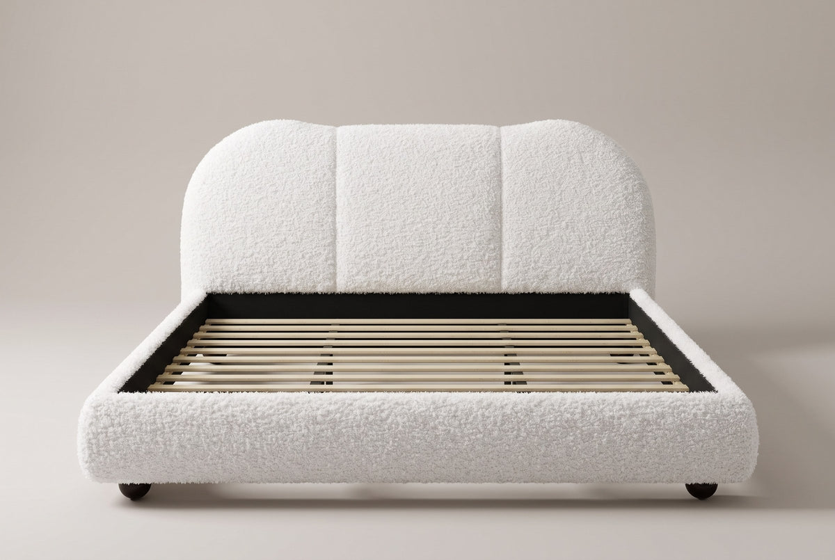Padula cloud bed in white, straight front view showing the three-panel headboard and the slats