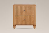 Palestrina nightstand in Natural, straight front view: two fluted drawers with round brushed-silver knobs