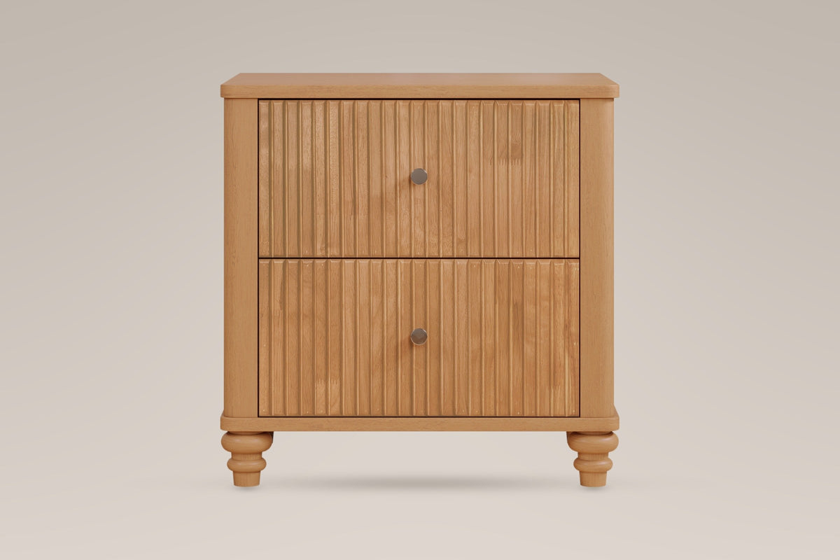 Palestrina nightstand in Natural, straight front view: two fluted drawers with round brushed-silver knobs