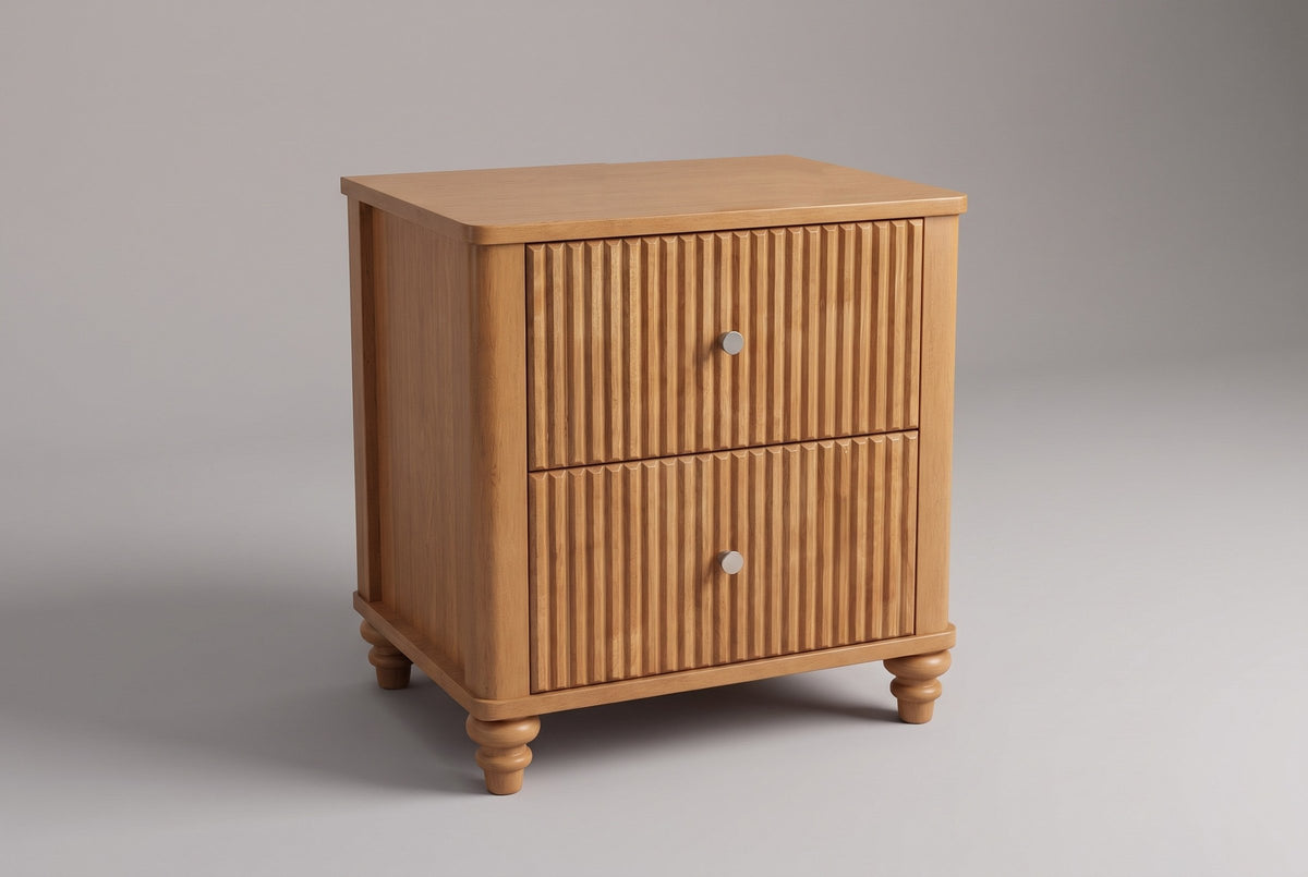 Palestrina fluted nightstand in Natural, three-quarter view on a warm grey studio backdrop