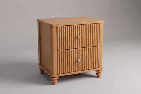 Palestrina fluted nightstand in Natural, three-quarter view on a warm grey studio backdrop
