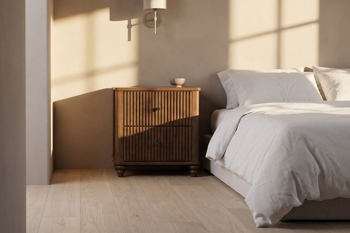 Palestrina nightstand in Walnut beside a low bed in a plaster bedroom at golden hour