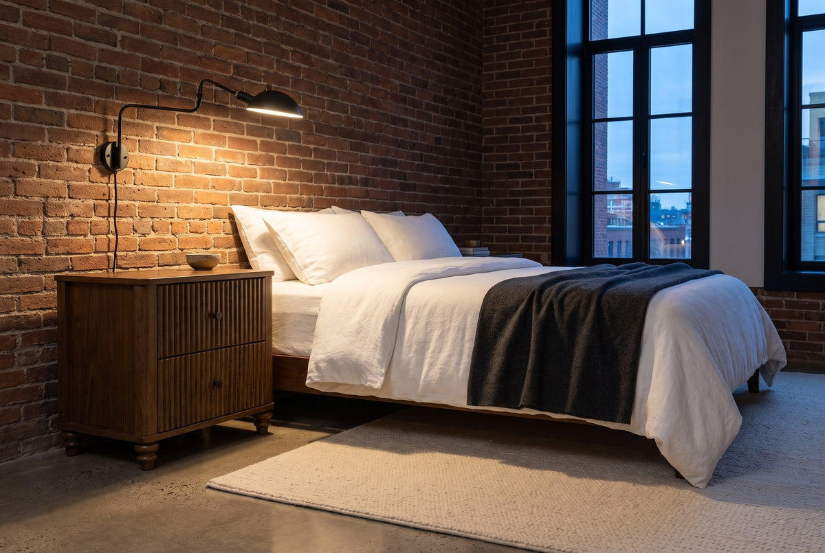 Palestrina nightstand in Walnut beside a bed with white linen in a brick-walled Montreal loft at dusk