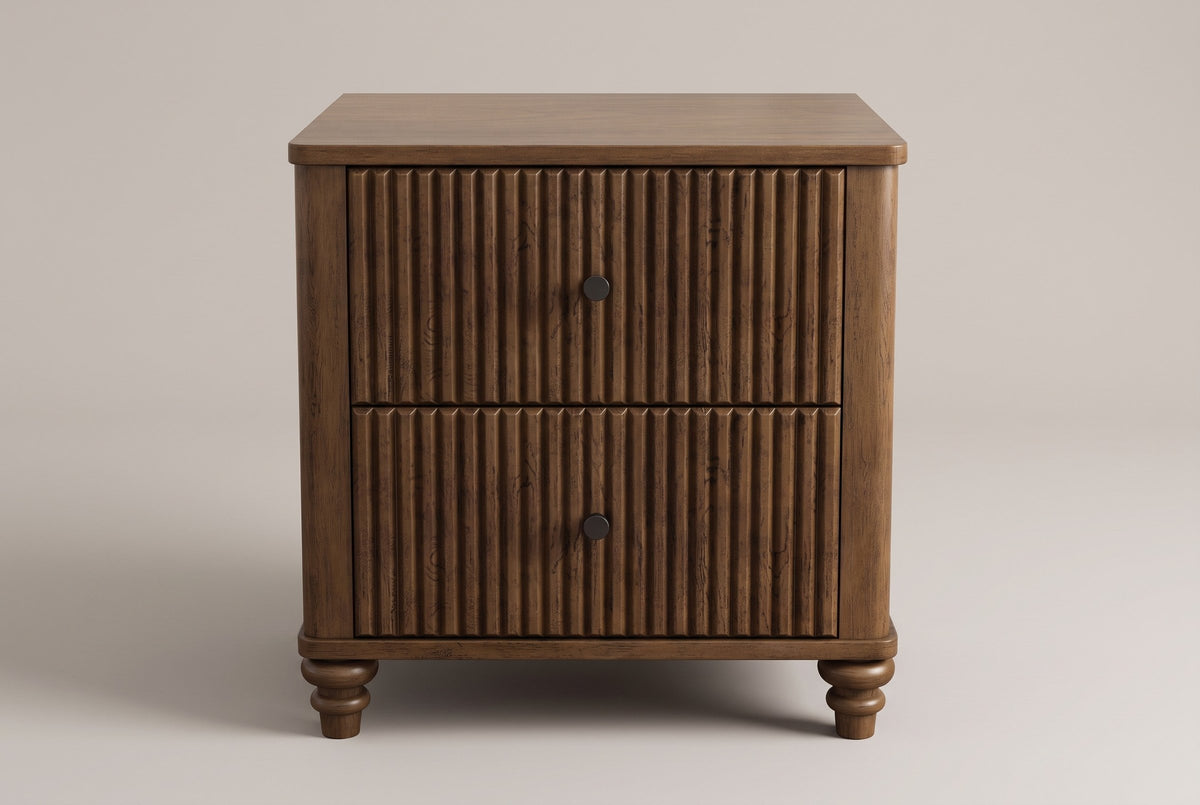 Palestrina nightstand in Walnut, straight front view: two fluted drawers with round black knobs, rounded corner posts