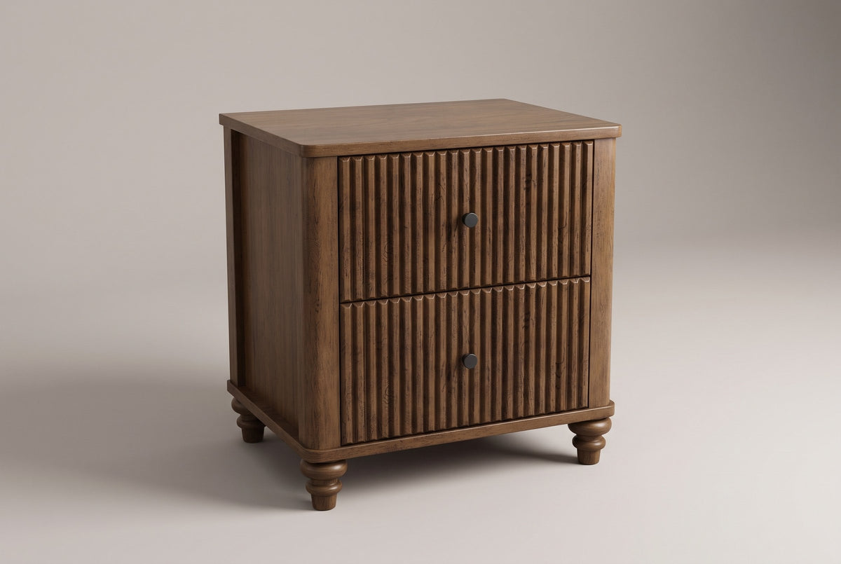 Palestrina fluted nightstand in Walnut, three-quarter view on a warm grey studio backdrop
