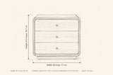 Parma nightstand dimensions: 28 in wide, 23.5 in high, 18.1 in deep, three drawers each 23.8 x 10.8 x 3.9 in inside