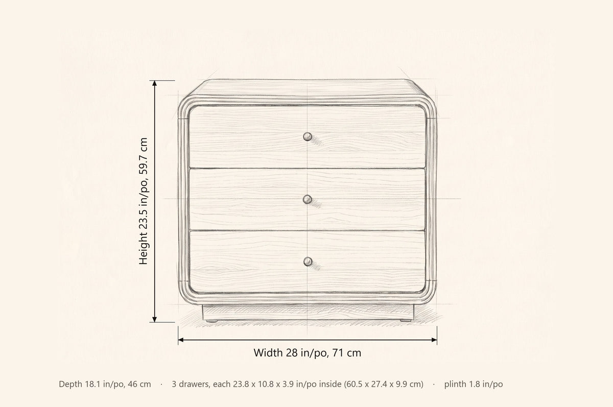 Parma nightstand dimensions: 28 in wide, 23.5 in high, 18.1 in deep, three drawers each 23.8 x 10.8 x 3.9 in inside