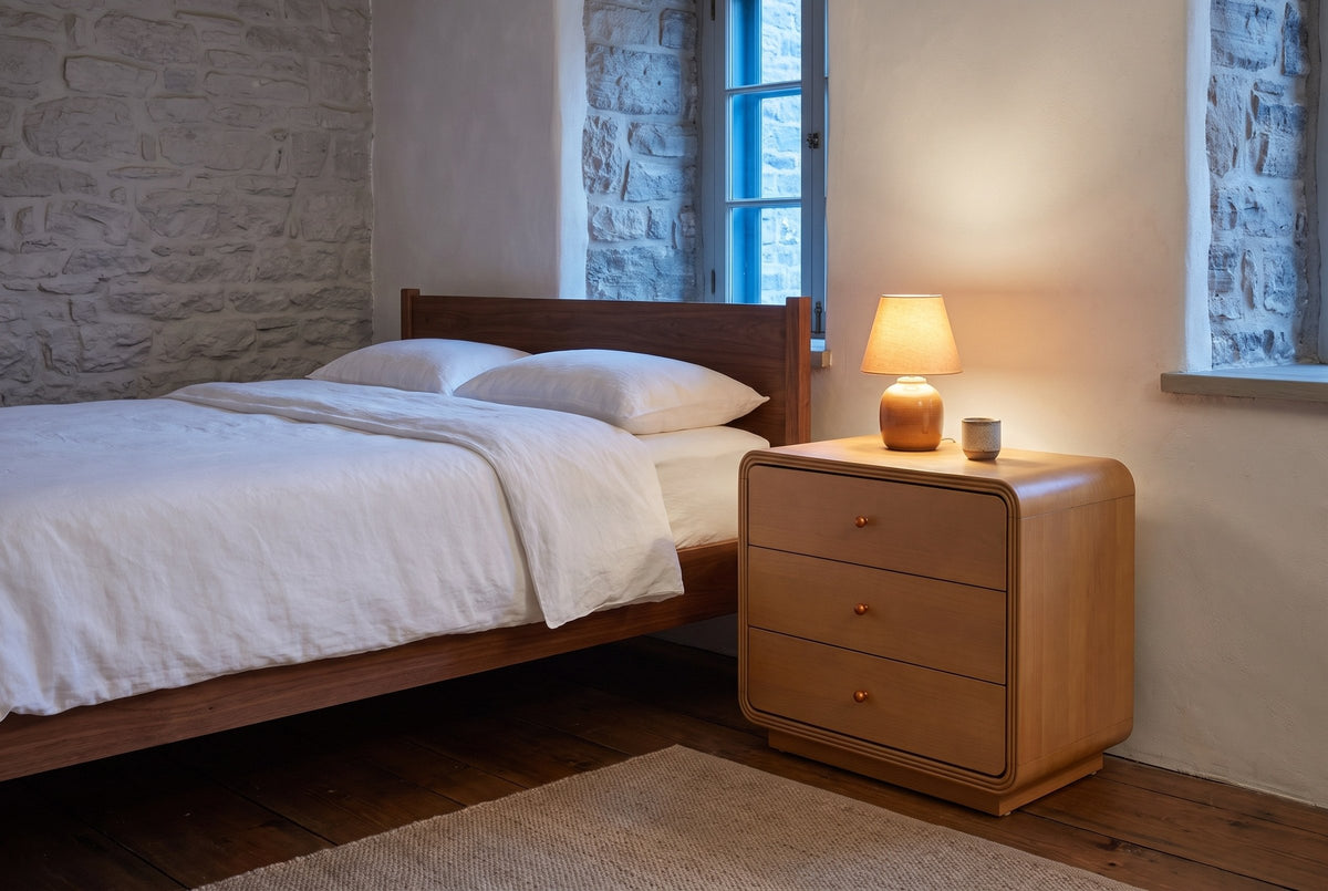 Parma nightstand beside a bed in a Quebec City stone bedroom at dusk, its small lamp lit