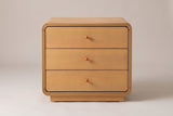 Parma nightstand in Natural, straight front view: three drawers, three ball knobs, a grooved surround and a recessed plinth