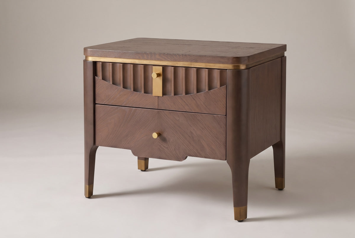 Pavia 2-drawer nightstand in Brown, three-quarter view on a warm grey studio backdrop