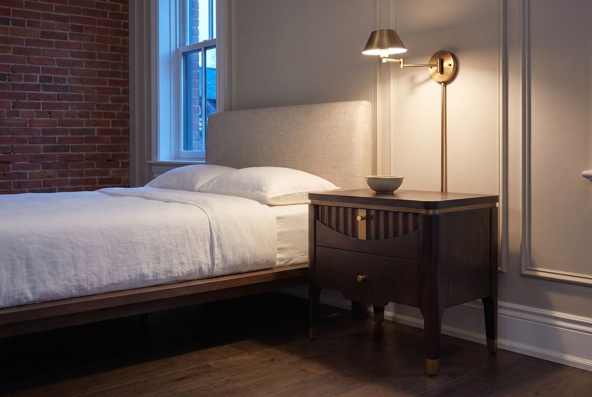 Pavia nightstand in Dark Brown beside a bed in a panelled Ottawa townhouse bedroom at dusk