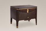 Pavia 2-drawer nightstand in Dark Brown, three-quarter view on a warm grey studio backdrop