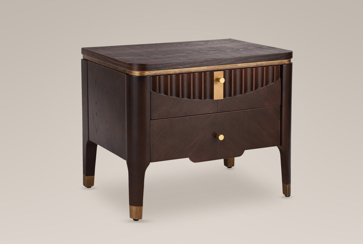 Pavia 2-drawer nightstand in Dark Brown, three-quarter view on a warm grey studio backdrop