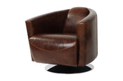 Percival brown bi-cast leather swivel club chair on a round silver base, three-quarter view