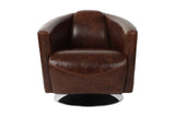 Percival bi-cast leather club chair, front view of the barrel back and seat