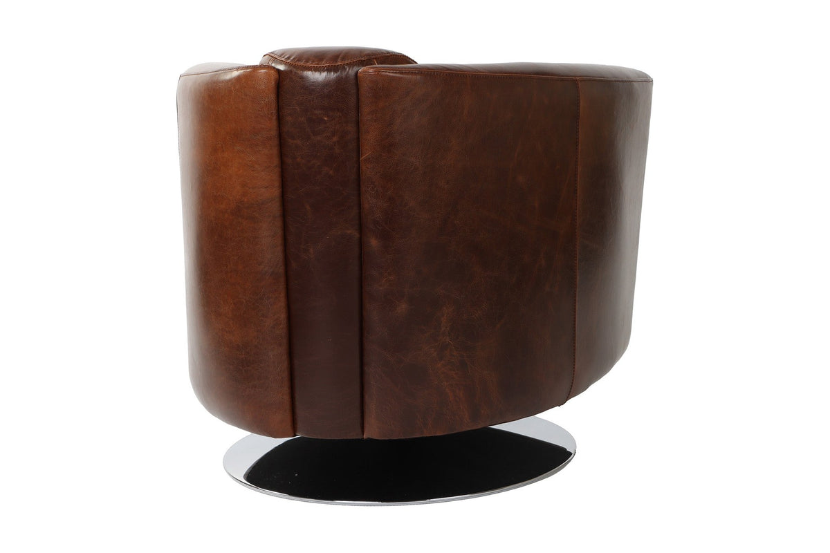 Percival bi-cast leather club chair, rear three-quarter view of the rounded back