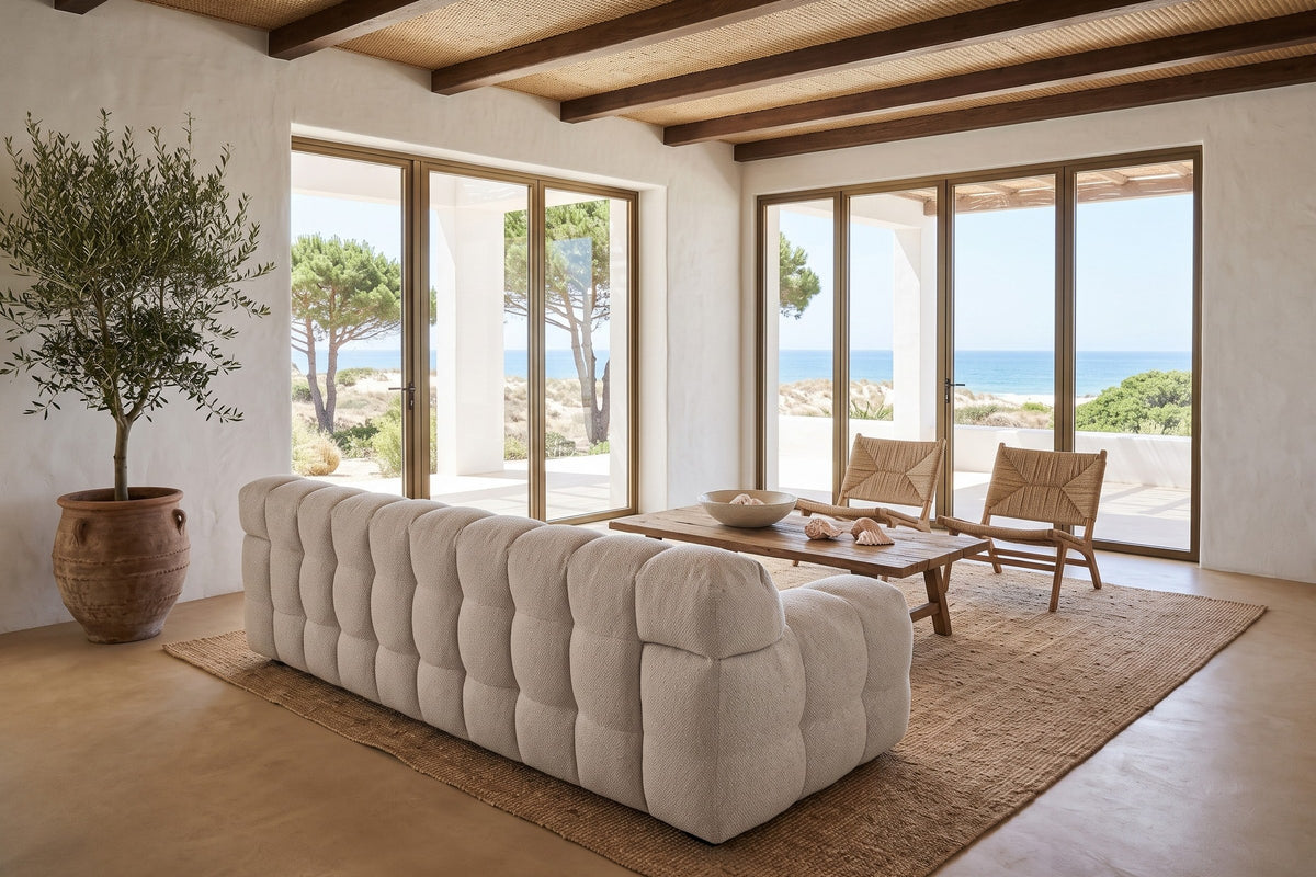 Pergola sofa in Beige seen from behind and above in a Zahara de los Atunes house, whitewashed plaster