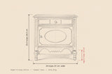 Perugia nightstand dimensions: 24 in wide, 25.3 in high, 17.3 in deep, legs 5.7 in, one drawer and one door
