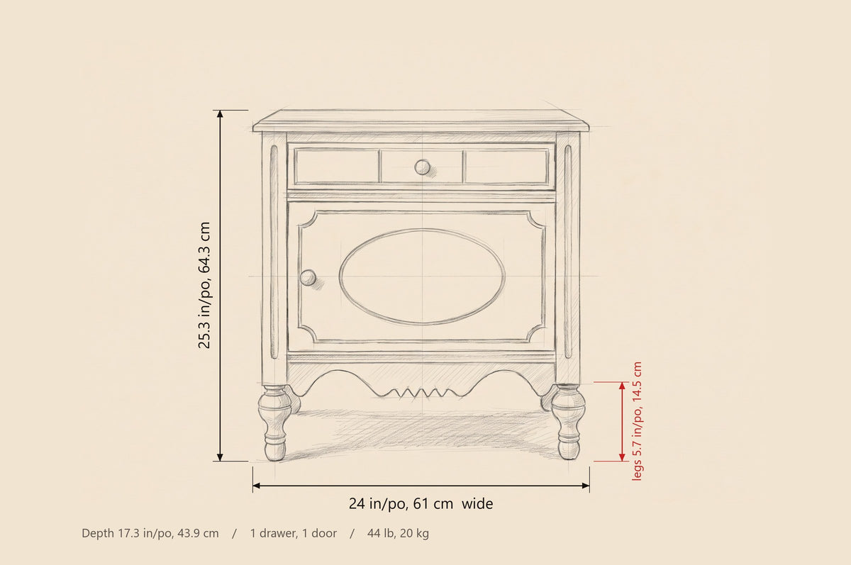 Perugia nightstand dimensions: 24 in wide, 25.3 in high, 17.3 in deep, legs 5.7 in, one drawer and one door