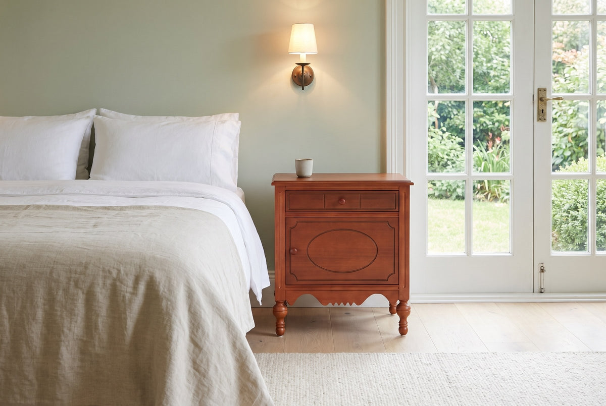 Perugia nightstand beside a bed in a sage-green Victoria bedroom with French doors to the garden