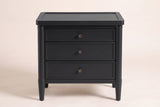 Pescara nightstand in Black, straight front view: a rimmed tray top, three framed drawers with round bronze-tone knobs