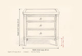 Pescara nightstand dimensions: 23.62 in wide, 24.41 in high, 15.75 in deep, legs 5.1 in, 3 drawers
