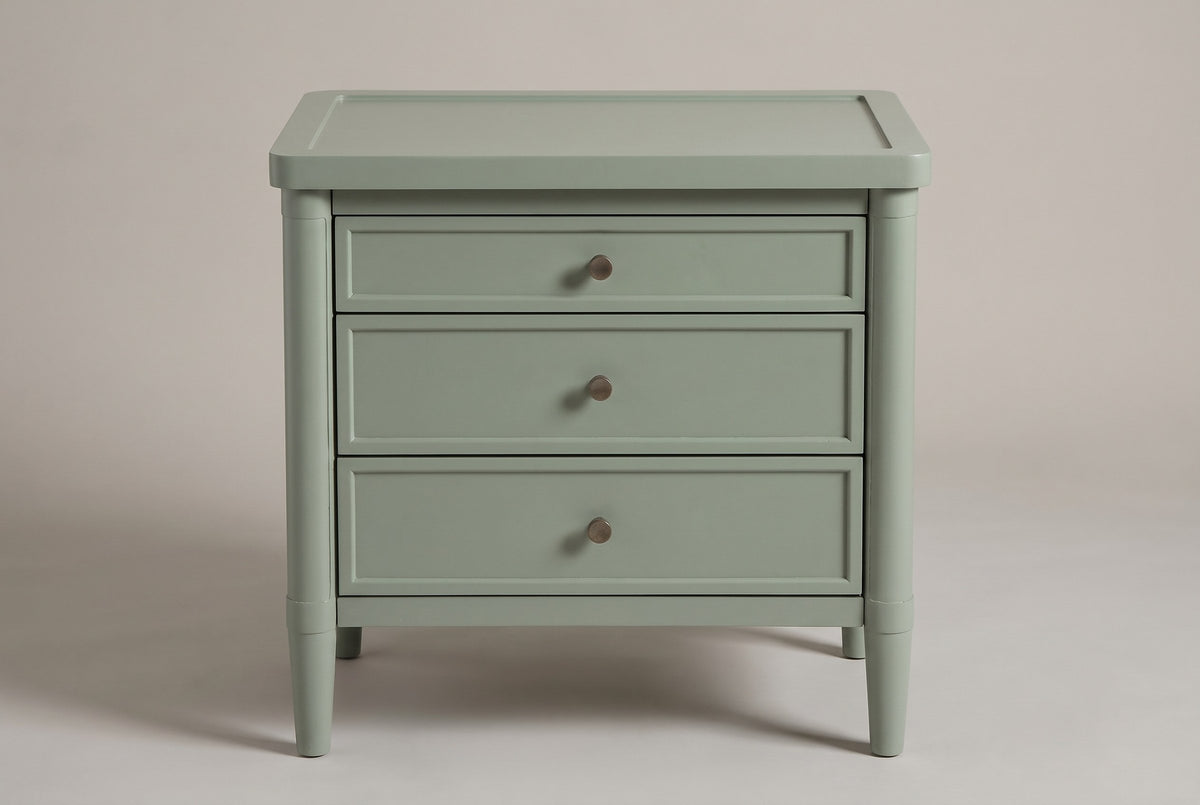 Pescara nightstand in Sage Green, straight front view: a rimmed tray top, three framed drawers with round bronze-tone knobs
