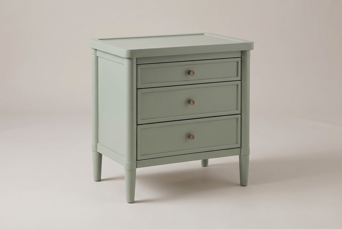 Pescara nightstand in Sage Green, three-quarter view on a warm grey studio backdrop