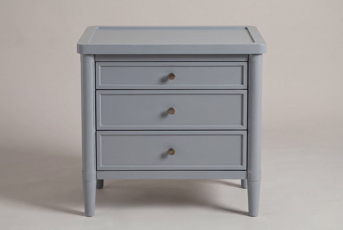 Pescara nightstand in Slate Gray, straight front view: a rimmed tray top, three framed drawers with round bronze-tone knobs