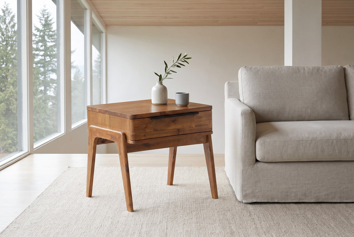 Pescasseroli end table in Brown acacia beside a stone linen sofa in a North Vancouver post-and-beam living room, firs through the window