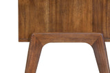 Close-up of the Pescasseroli side: the bent-wood frame with rounded inside corners standing outside the acacia case