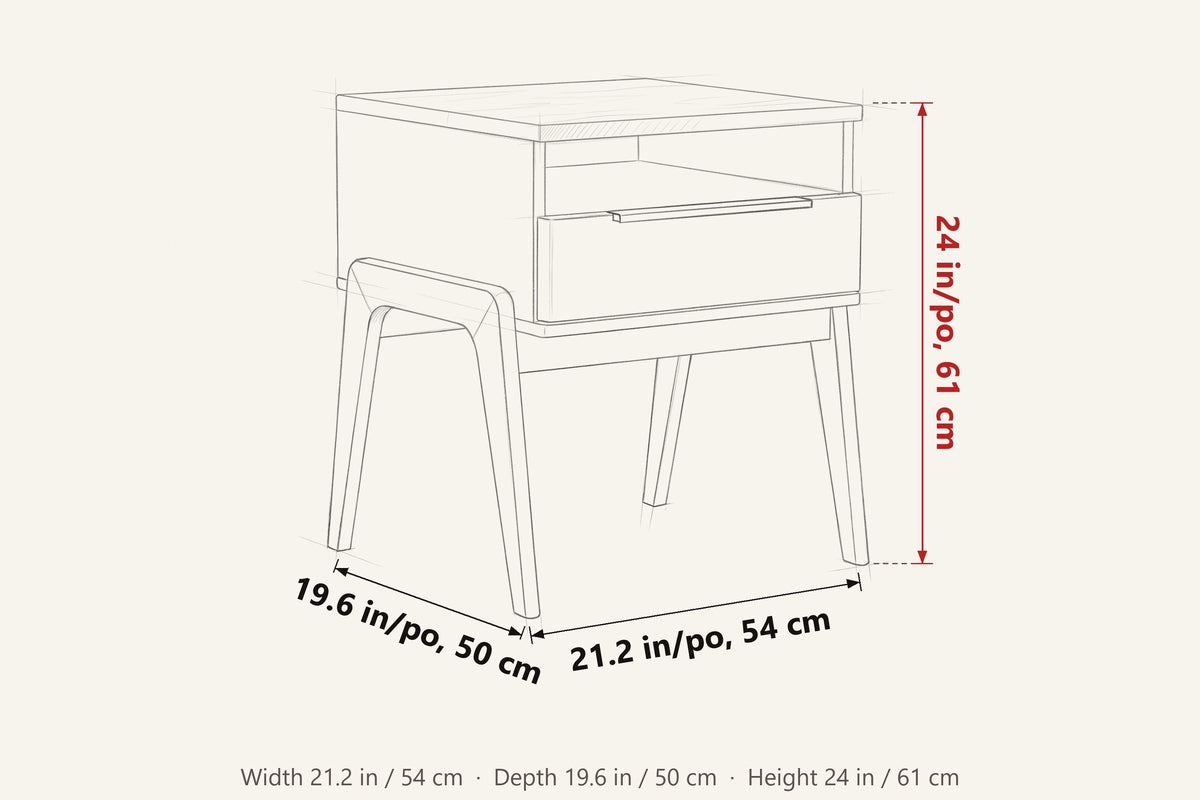Pescasseroli dimensions on a pencil sketch of the nightstand: 21.2 in wide, 19.6 in deep, 24 in high