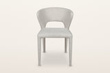 Petralia dining chair in Beige tweed, straight front view on a warm white studio backdrop: the open window between the seat