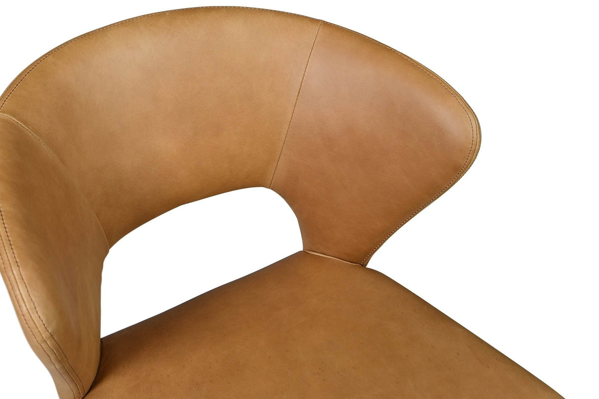 Close-up of the Petralia back in Brown leather: stitched seams along the curved shell and around its open window