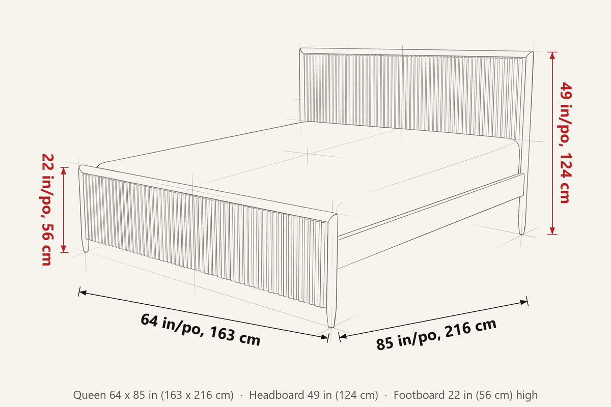 Pettorano dimensions on a pencil sketch of the bed: Queen 64 in wide, 85 in long, headboard 49 in high, footboard 22 in high