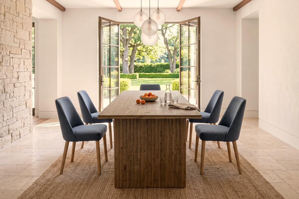 End view of the Pettorano dining table in Brown in a Niagara-on-the-Lake garden house, French doors open to the lawn
