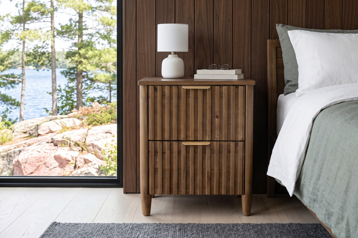 Pettorano nightstand in Brown, front view, beside the bed in a Bracebridge lake house bedroom with walnut panelling and a bla
