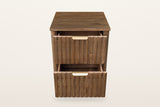 Pettorano nightstand in Brown with both drawers pulled out, front view on a warm white studio backdrop