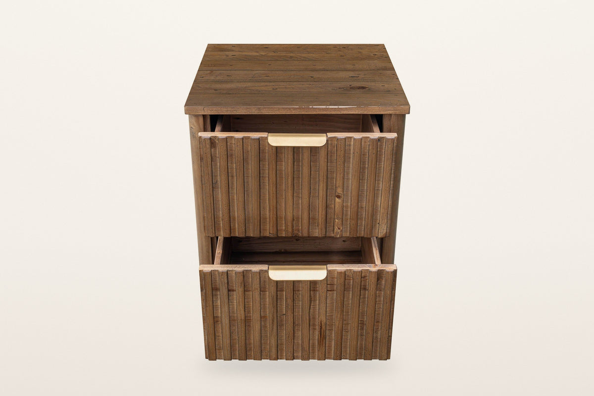 Pettorano nightstand in Brown with both drawers pulled out, front view on a warm white studio backdrop