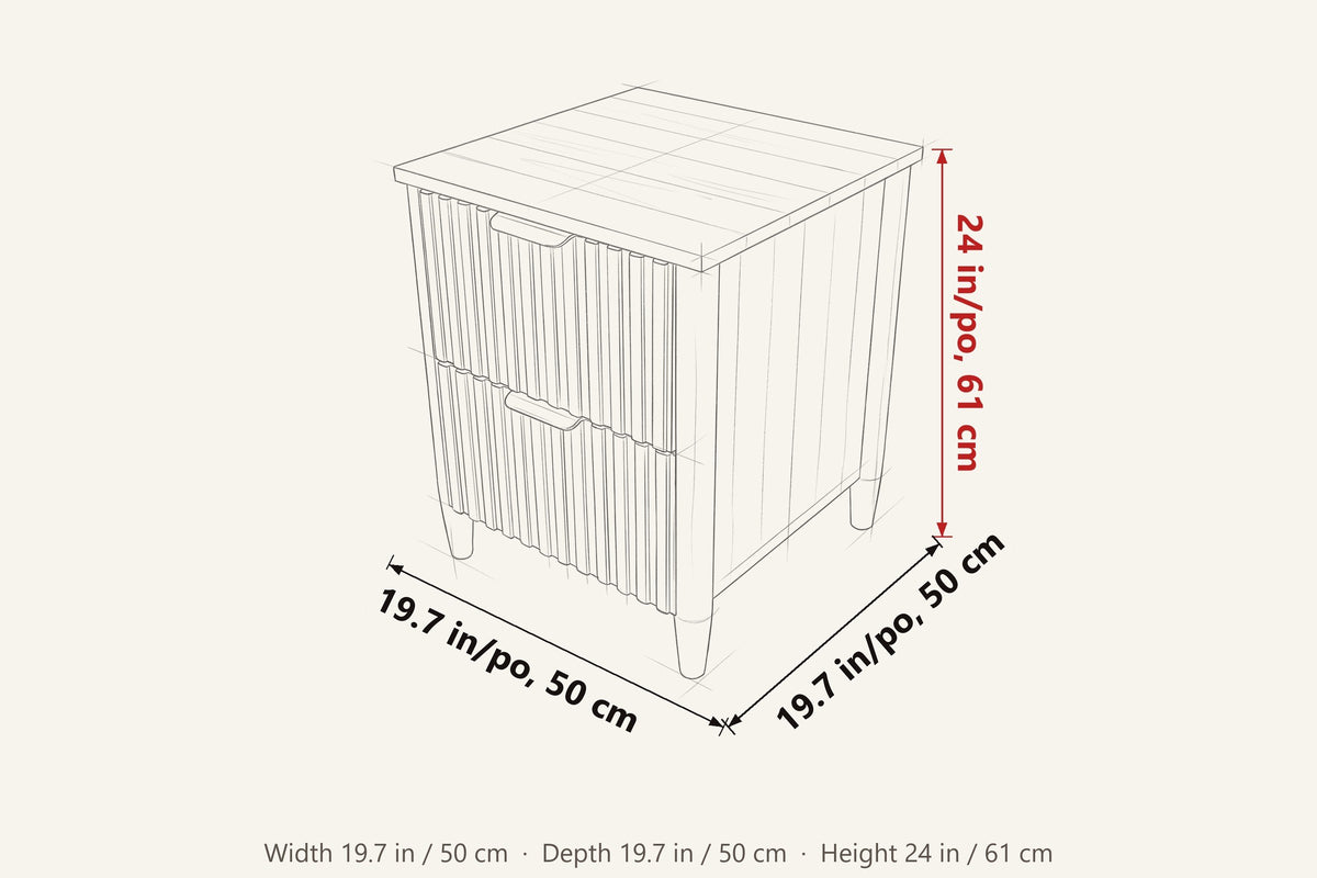 Pettorano nightstand dimensions on a pencil sketch: 19.7 in wide, 19.7 in deep, 24 in high